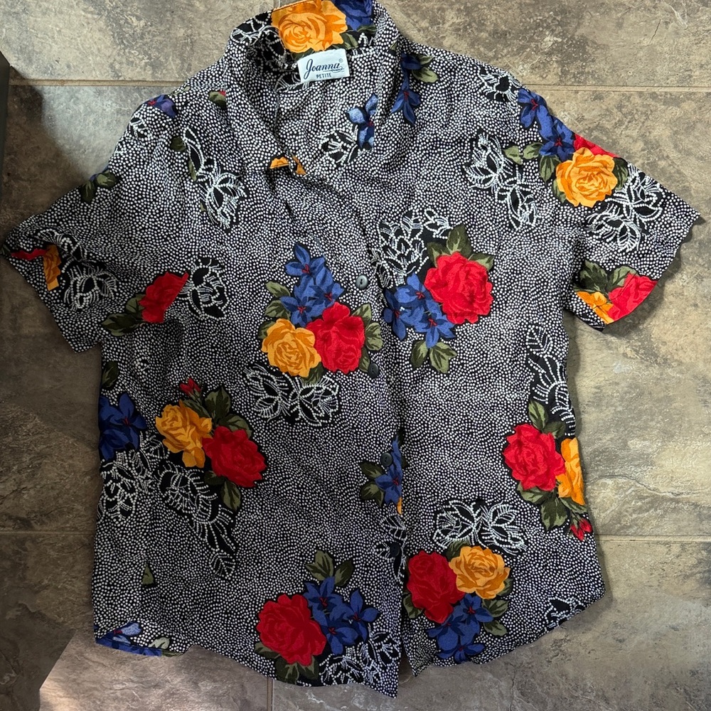 Women’s Medium Vintage Dress Top- Shoulder Padded Floral and Dotted Print